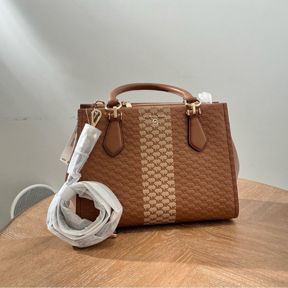 Michael Kors Brown Logo Stripe Satchel Handbag - Picture 2 of 5